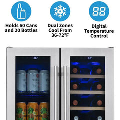 NewAir 24” Premium Built-in Dual Zone 18 Bottle and 58 Can French Door Wine and Beverage Fridge (NWB080SS00)