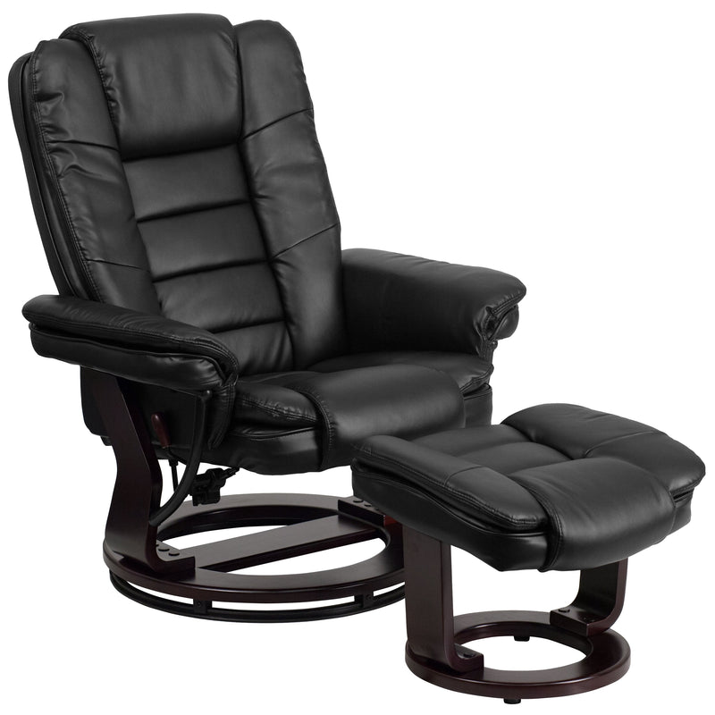 LeatherSoft Contemporary Multi-Position Recliner with Horizontal Stitching and Ottoman with Swivel Mahogany Wood Base in Black (BT-7818-BK-GG)