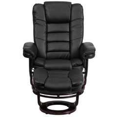 LeatherSoft Contemporary Multi-Position Recliner with Horizontal Stitching and Ottoman with Swivel Mahogany Wood Base in Black (BT-7818-BK-GG)