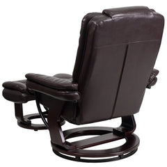 LeatherSoft Contemporary Multi-Position Recliner with Horizontal Stitching and Ottoman with Swivel Mahogany Wood Base in Brown (BT-7818-BN-GG)