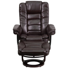 LeatherSoft Contemporary Multi-Position Recliner with Horizontal Stitching and Ottoman with Swivel Mahogany Wood Base in Brown (BT-7818-BN-GG)