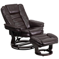 LeatherSoft Contemporary Multi-Position Recliner with Horizontal Stitching and Ottoman with Swivel Mahogany Wood Base in Brown (BT-7818-BN-GG)