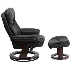 LeatherSoft Contemporary Multi-Position Recliner and Curved Ottoman with Swivel Mahogany Wood Base in Black (BT-7821-BK-GG)