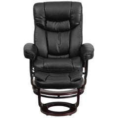 LeatherSoft Contemporary Multi-Position Recliner and Curved Ottoman with Swivel Mahogany Wood Base in Black (BT-7821-BK-GG)