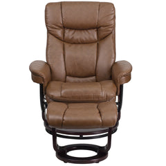 LeatherSoft Contemporary Multi-Position Recliner and Curved Ottoman with Swivel Mahogany Wood Base in Palimino (BT-7821-PALIMINO-GG)