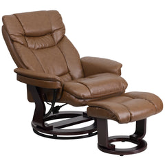 LeatherSoft Contemporary Multi-Position Recliner and Curved Ottoman with Swivel Mahogany Wood Base in Palimino (BT-7821-PALIMINO-GG)