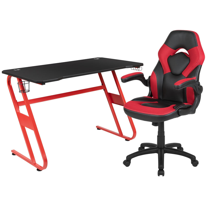 Red Gaming Desk and Red/Black Racing Chair Set with Cup Holder and Headphone Hook (BLN-X10RSG1030-RD-GG)