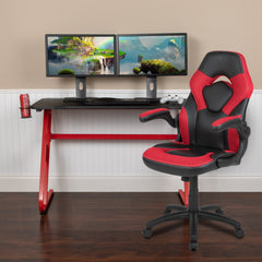 Red Gaming Desk and Red/Black Racing Chair Set with Cup Holder and Headphone Hook (BLN-X10RSG1030-RD-GG)