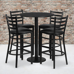 30'' Round Black Laminate Table Set with Round Base and 4 Ladder Metal Barstools (RSRB1021-GG)