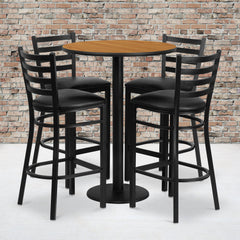 30'' Round Natural Laminate Table Set with Round Base and 4 Ladder Metal Barstools (RSRB1023-GG)