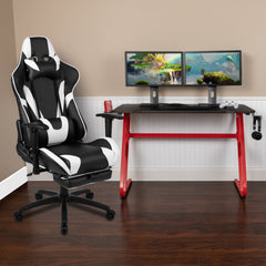 Red Gaming Desk and Black Footrest Reclining Gaming Chair Set with Cup Holder and Headphone Hook (ALA-CMOY-451409)