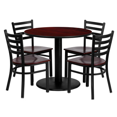 36'' Round Mahogany Laminate Table Set with 4 Ladder Back Metal Chairs (MD-0004-GG)